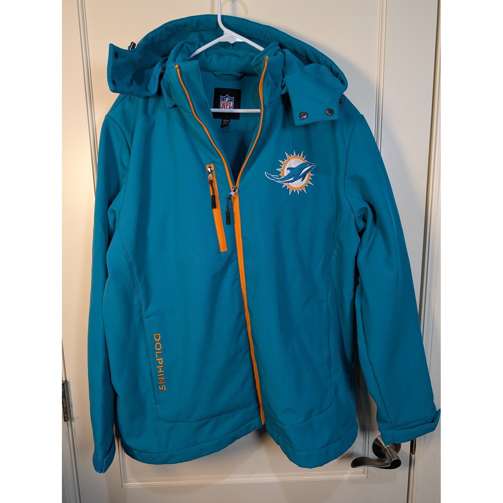 NFL Miami Dolphins Mens XL Softshell Hooded Jacket Teal Orange Full Zip Coat